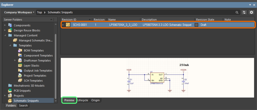 Browse the saved revision of the schematic snippet, back in the Explorer panel. Switch to the Preview aspect view tab to see the schematic snippet's graphics.