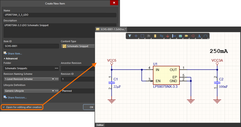 Example of editing the initial revision of a schematic snippet, directly from the Workspace – the temporary schematic editor provides the document with which to define your schematic snippet.
