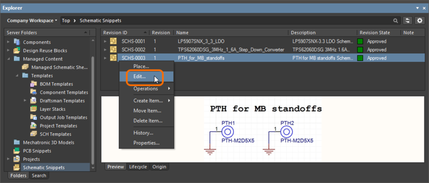 Accessing the command to launch direct editing of an existing revision of a schematic snippet from the Explorer panel.