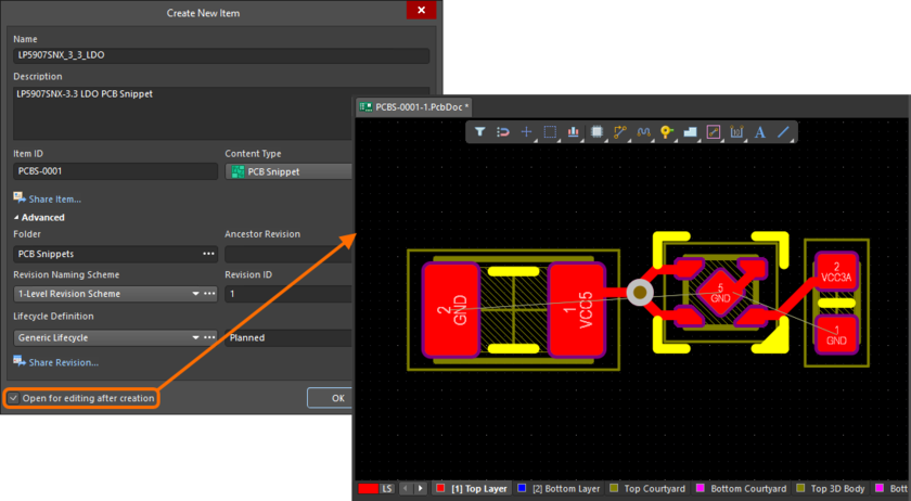 Example of editing the initial revision of a PCB snippet, directly from the Workspace – the temporary PCB editor provides the document with which to define your PCB snippet.
