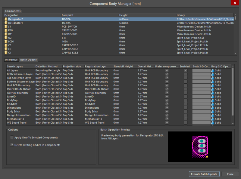 The Batch Update tab of the Component Body Manager dialog