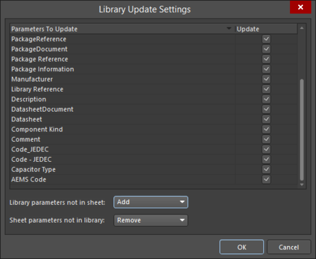 The Library Update Settings (Item Manager version) dialog