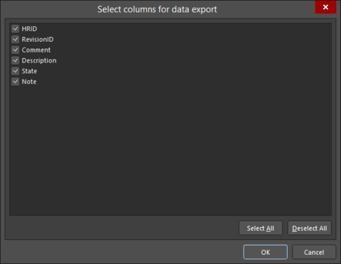 The Select columns for data export dialog
