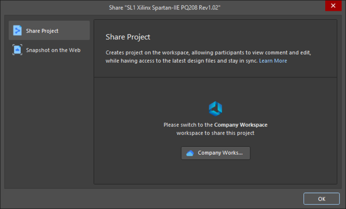 The Share dialog when attempting to share an open project that is not registered with a Workspace