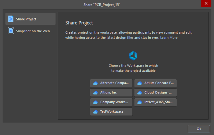 The Share dialog displayed when attempting to share an open project that is not registered with a Workspace