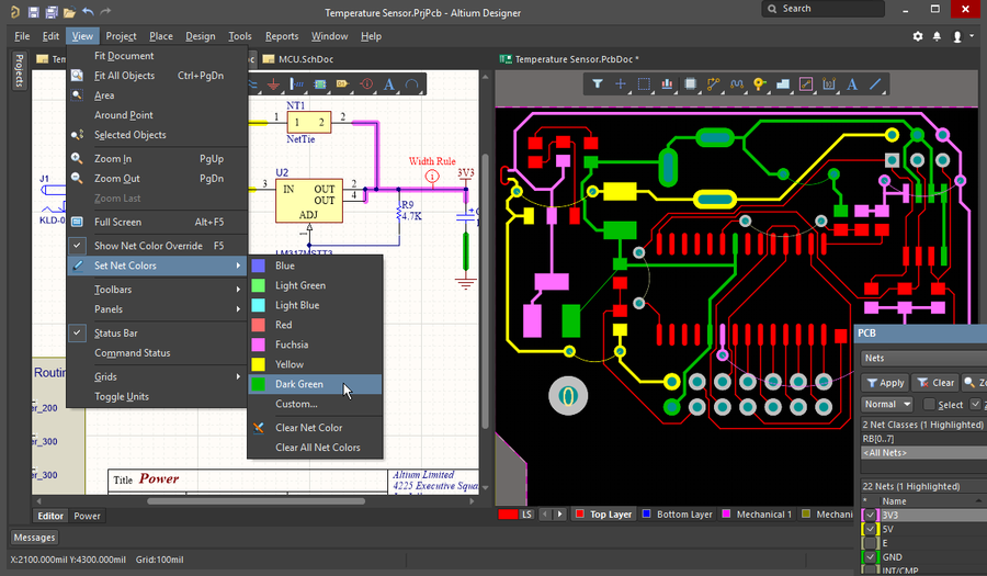 The net colors applied in the schematic are transferred to the PCB by the Update PCB command. Configure the PCB Color Override features to control how they are displayed on the board.