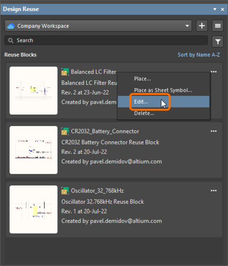 Open a Workspace-based reuse block or snippet for editing using the Edit command from within its tile in the panel.