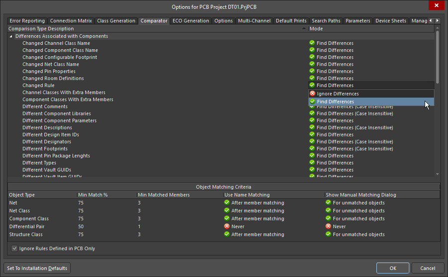 The comparator engine obeys the settings defined in the Comparator tab of the Options for Project dialog.