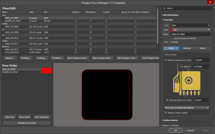 The Polygon Pour Manager dialog gives you full control over all the polygons in the design.