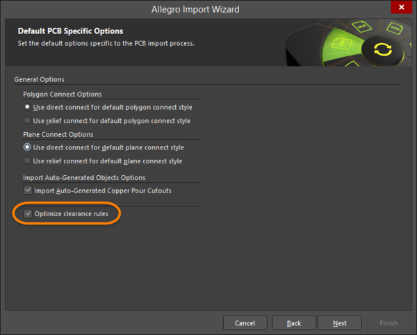 Allegro Import Wizard Optimize clearance rules option