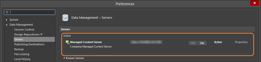 Once signed in to the target server, it will become the Active Server, as can be seen here.