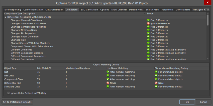 The Comparator tab of the Project Options dialog
