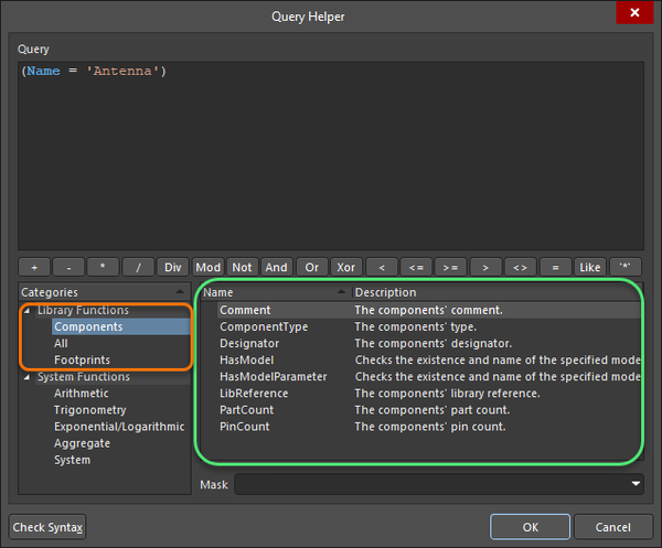 Component and library query functions shown in the Query Helper dialog