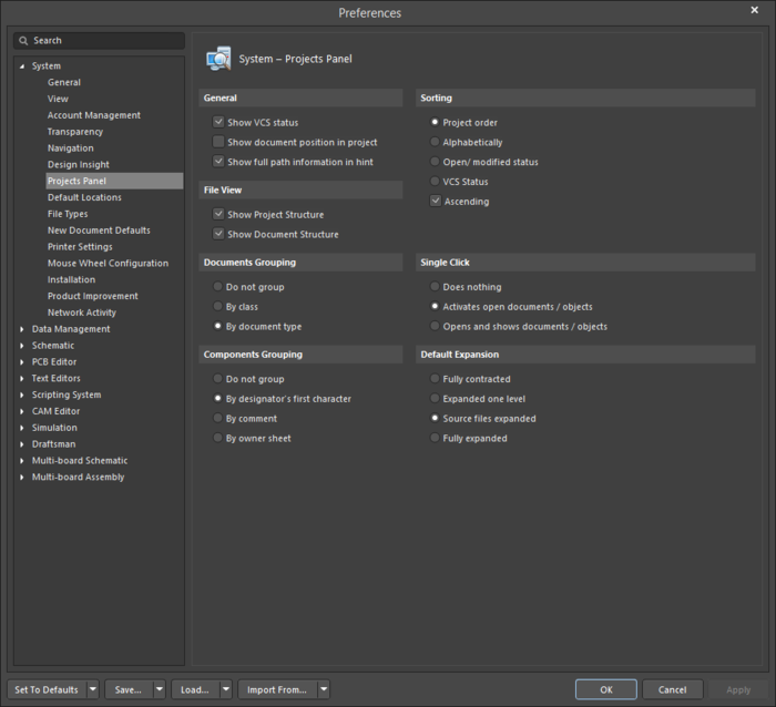 The System – Projects Panel page of the Preferences dialog 