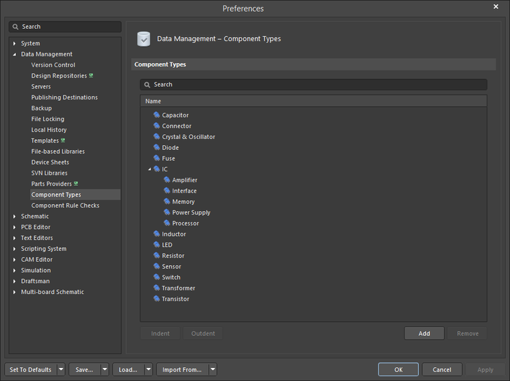 The Data Management - Component Types page of the Preferences dialog