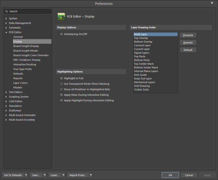 The PCB Editor - Display page of the Preferences dialog