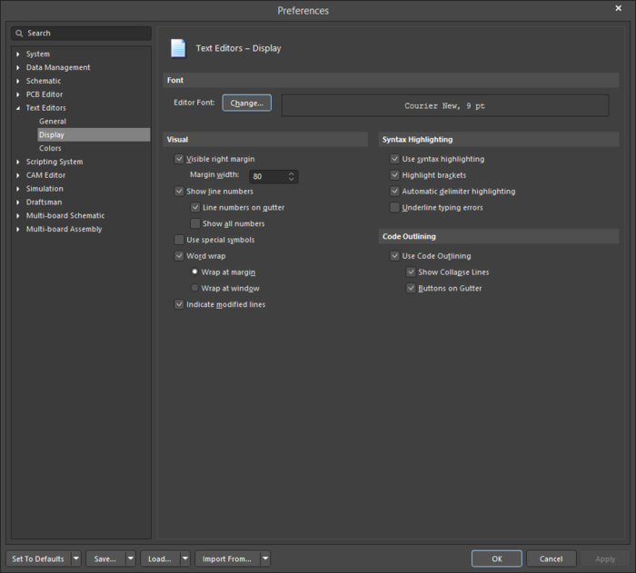 The Text Editors - Display page of the Preferences dialog