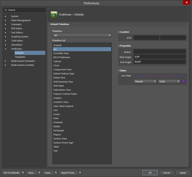 The Draftsman – Defaults page of the Preferences dialog displaying the Arc primitive as an example.