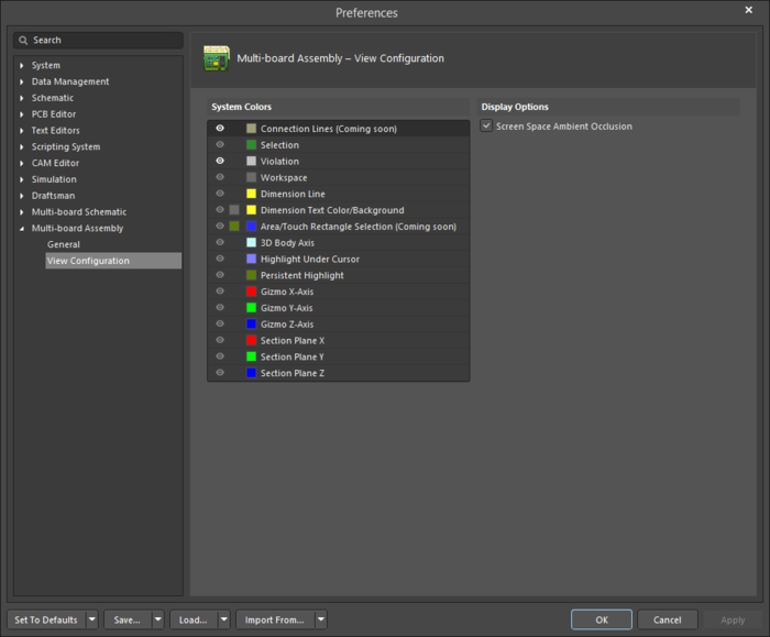 The Multi-board Assembly - View Configuration page of the Preferences dialog