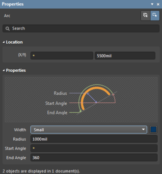 The panel with two arc objects selected. Only the X position and Start Angle properties differ and are not editable.