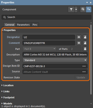 Left: Component system parameters in the Properties panel. Right: An individual system parameter in the Properties panel.