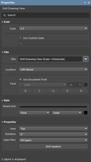 The Drill Drawing View default settings in the Preferences dialog, and the Drill Drawing View mode of the Properties panel.