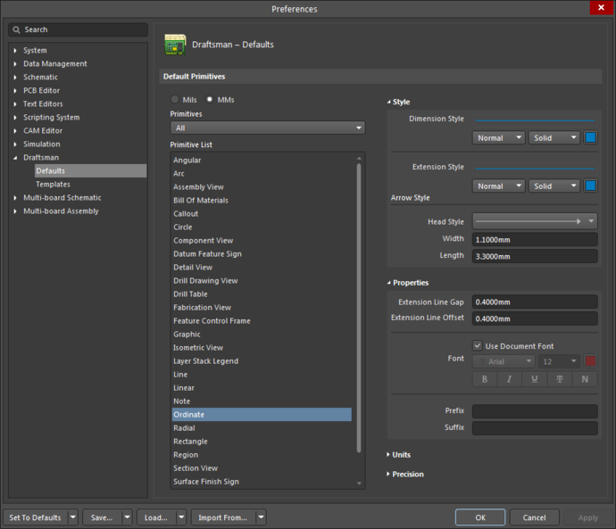 The Ordinate Dimensions settings in the Preferences dialog and the Ordinate Dimensions mode of the Properties panel.