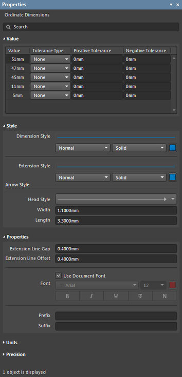 The Ordinate Dimensions settings in the Preferences dialog and the Ordinate Dimensions mode of the Properties panel.