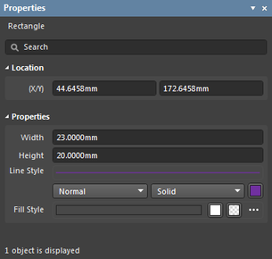 The Rectangle object default settings in the Preferences dialog and the Rectangle mode of the Properties panel