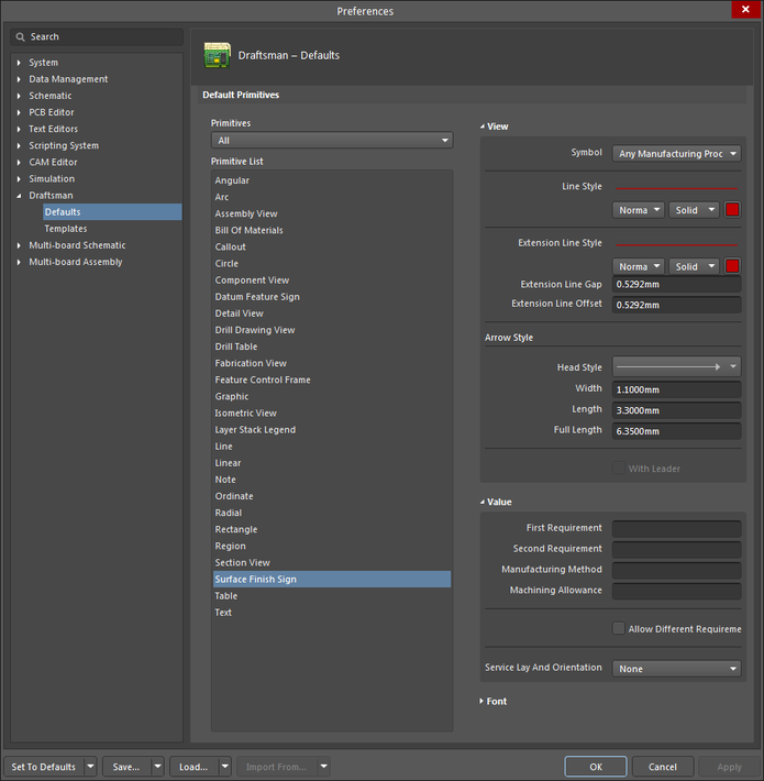 The Surface Finish object default settings in the Preferences dialog and the Surface Finish mode of the Properties panel