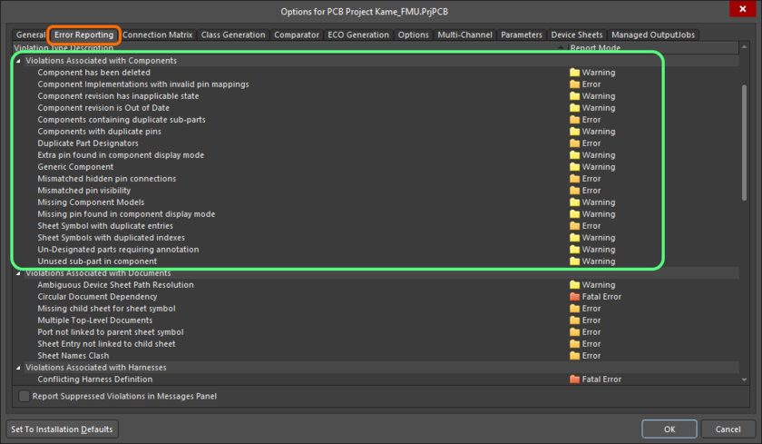 The Violations Associated with Components region on the Error Reporting tab of the Project Options dialog