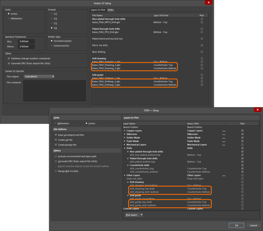Example of Counterholes Top and Counterholes Bottom file options in the Gerber X2 Setup and ODB++ Setup dialogs.