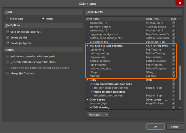 The IPC-4761 Via Type Features layer group in the ODB++ Setup dialog.