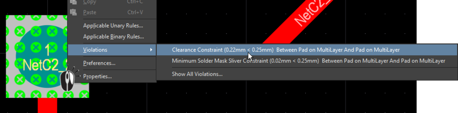 Design Rule Check, examining the Clearance Violation using the right-click menu