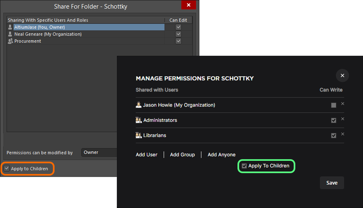 Enable the Apply to Children option to pass permissions defined for the folder to descendant child folders, and Items (and revisions) therein.