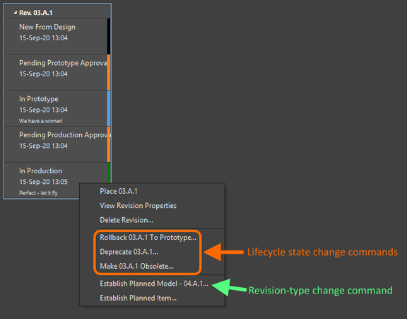 Right-click on a cell in the Item view to change the revision or lifecycle state.