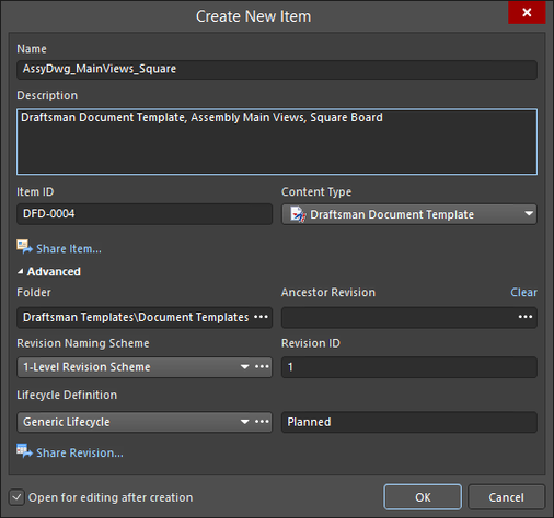 Specify the details of the new Item in the Create New Item dialog.