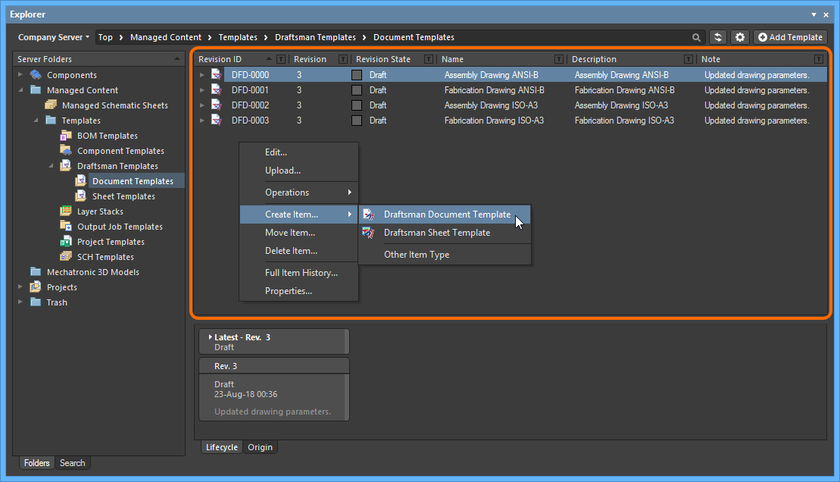 Right-click within the Item region of the Explorer panel to access commands relating to Item creation.