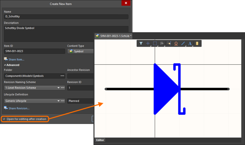 Example of editing the initial revision of a symbol, directly from the Workspace – the temporary Schematic Library Editor provides the document with which to define your schematic symbol.