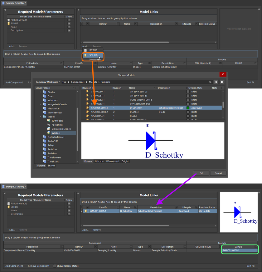 Example of referencing a revision of a Symbol Item as a model link, when direct editing a revision of a Component Item (managed component) using the Component Editor in its Batch Component Editing mode.