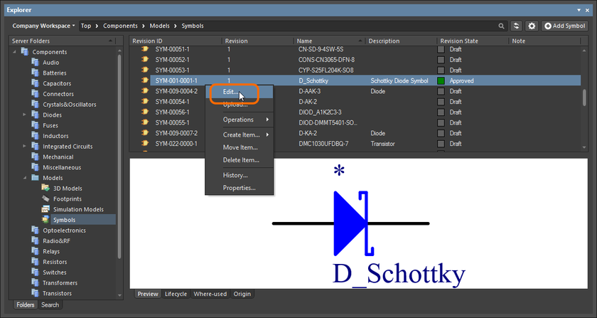 Accessing the command to launch direct editing of an existing revision of a Symbol Item from within the Explorer panel.