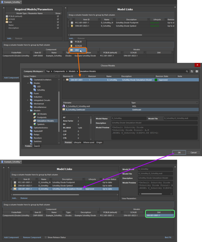 Example of referencing a simulation model revision as a model link, when direct editing a revision of a component using the Component Editor in its Batch Component Editing mode.