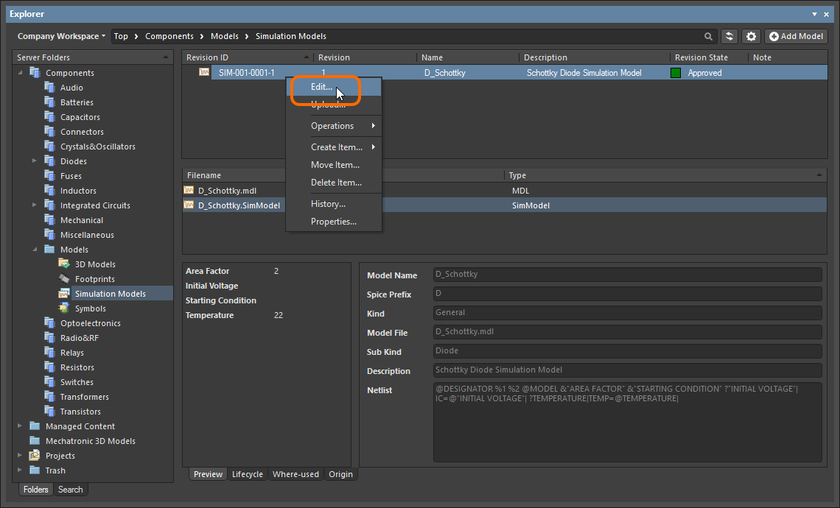 Accessing the command to launch direct editing of an existing simulation model revision from within the Explorer panel.
