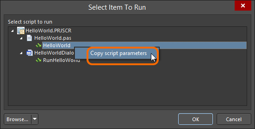 Select the required process/procedure in the Workspace script project, then copy the script's parameters.