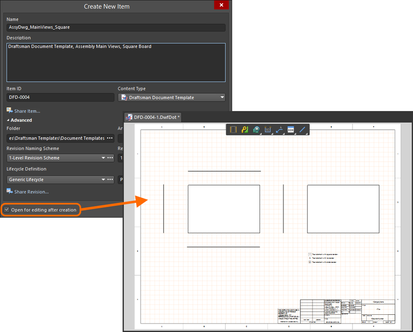 Example of editing the initial revision of a Draftsman Document Template Item, directly from the server - the temporary PcbDrawing Editor provides the document with which to define your document template.