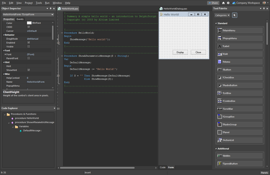 Altium NEXUS showing Script Code and Form windows with the Object Inspector, Code Explorer, and Tool Palette panels.