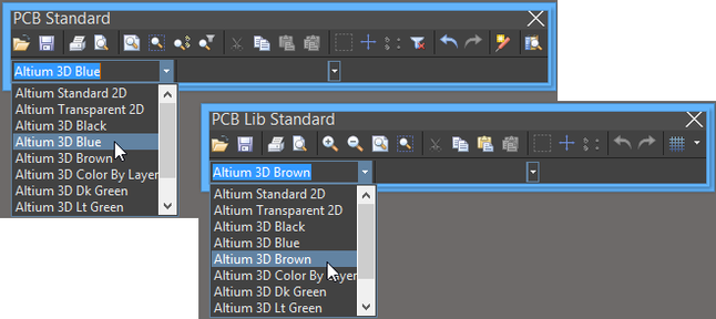 Accessing the Change View Configuration feature from the Standard toolbar in PCB and PCB Library Editors.