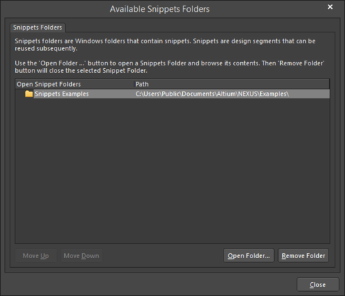 The Available Snippets Folders dialog
