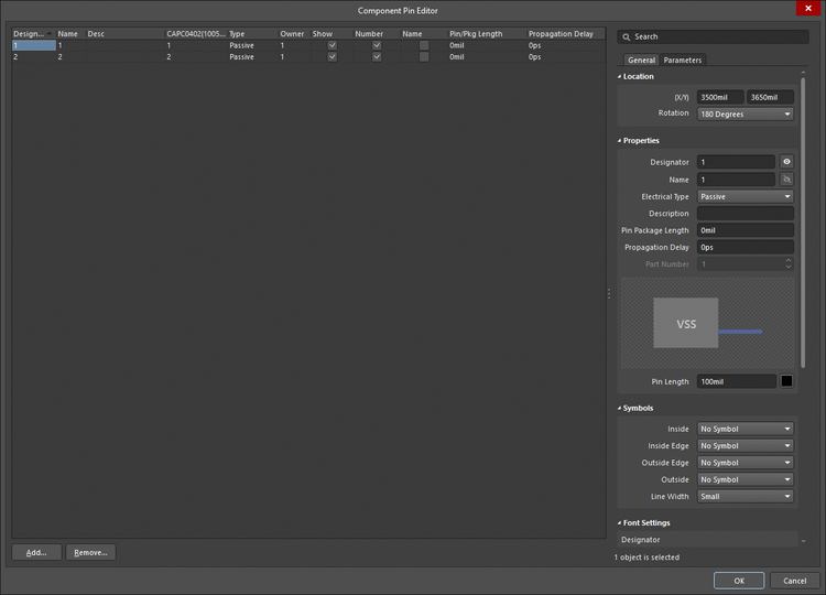 The Component Pin Editor dialog