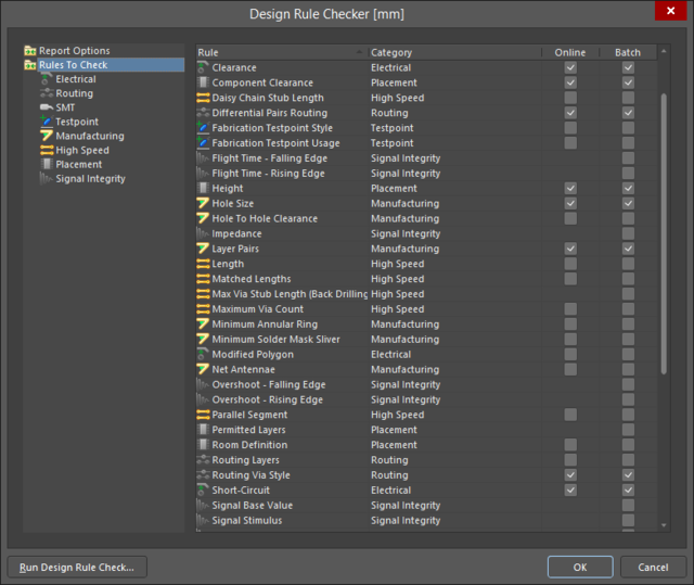 The Design Rule Checker dialog, listing all rules that can be checked.